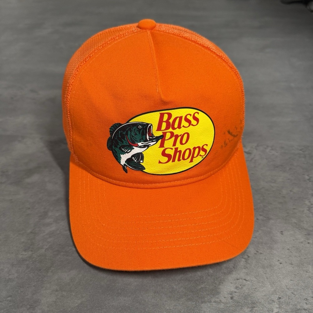 Vintage‎ Bass Pro Shops Snapback Hat Orange Trucker Cap Mesh Fishing Hunting